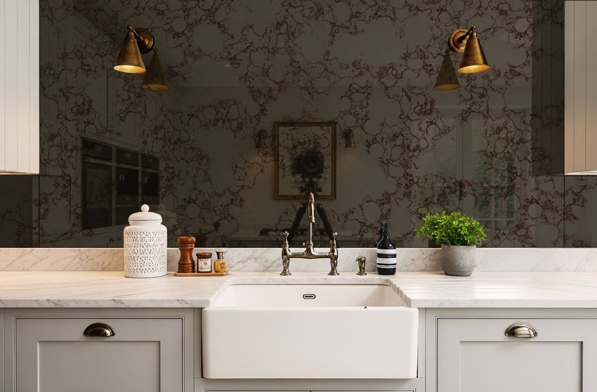 Antique mirror splashback in a kitchen