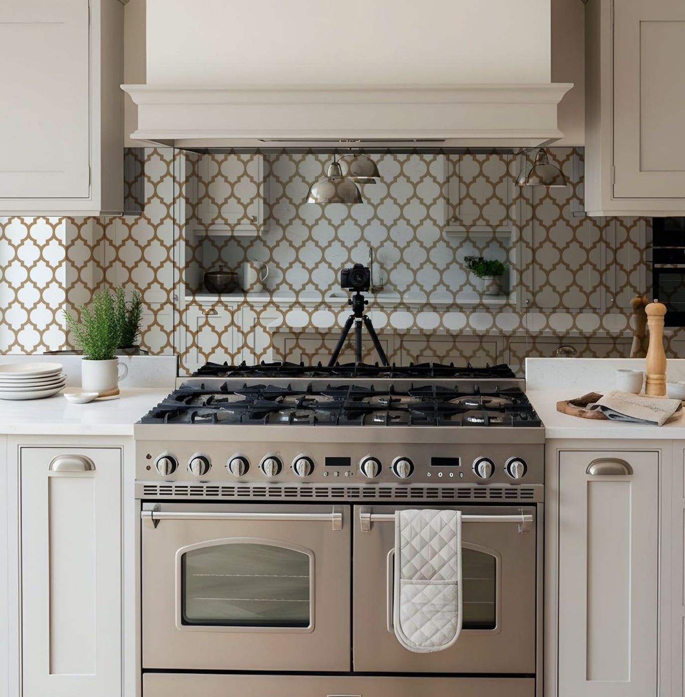 Antique mirror splashback in a kitchen