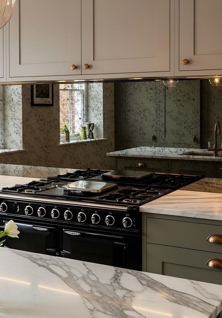 Antique mirror splashback behind a range cooker