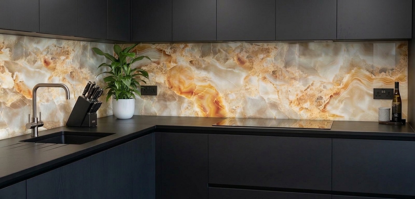 Toughened backlit onyx glass splashback with the light off