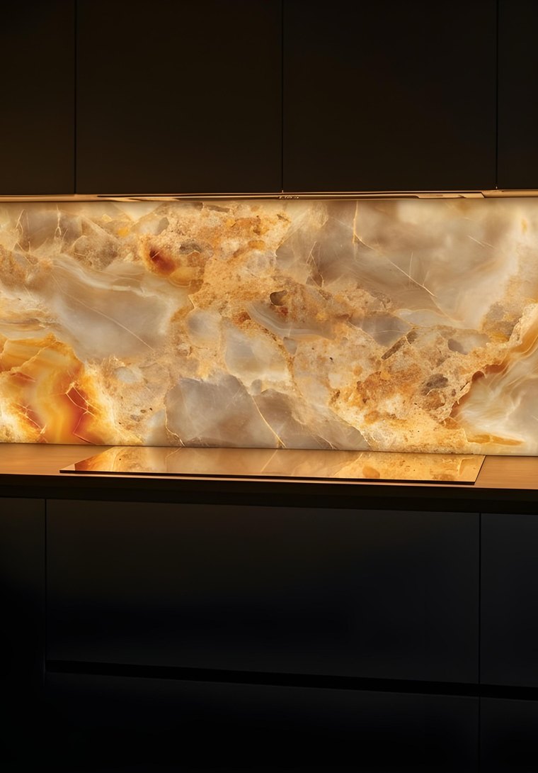 Backlit onyx glass splashback
