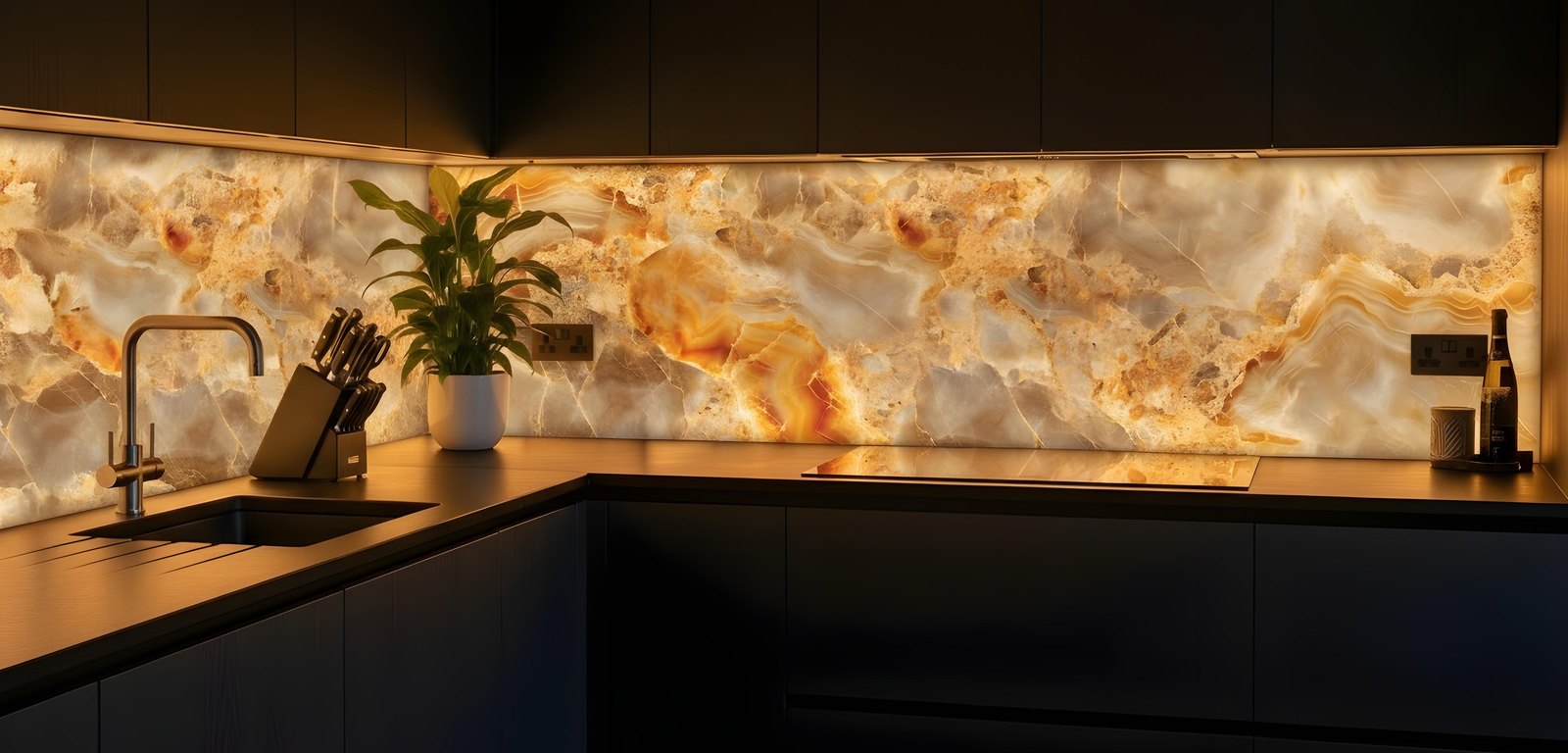 Backlit onyx glass splashback glowing in a dark kitchen
