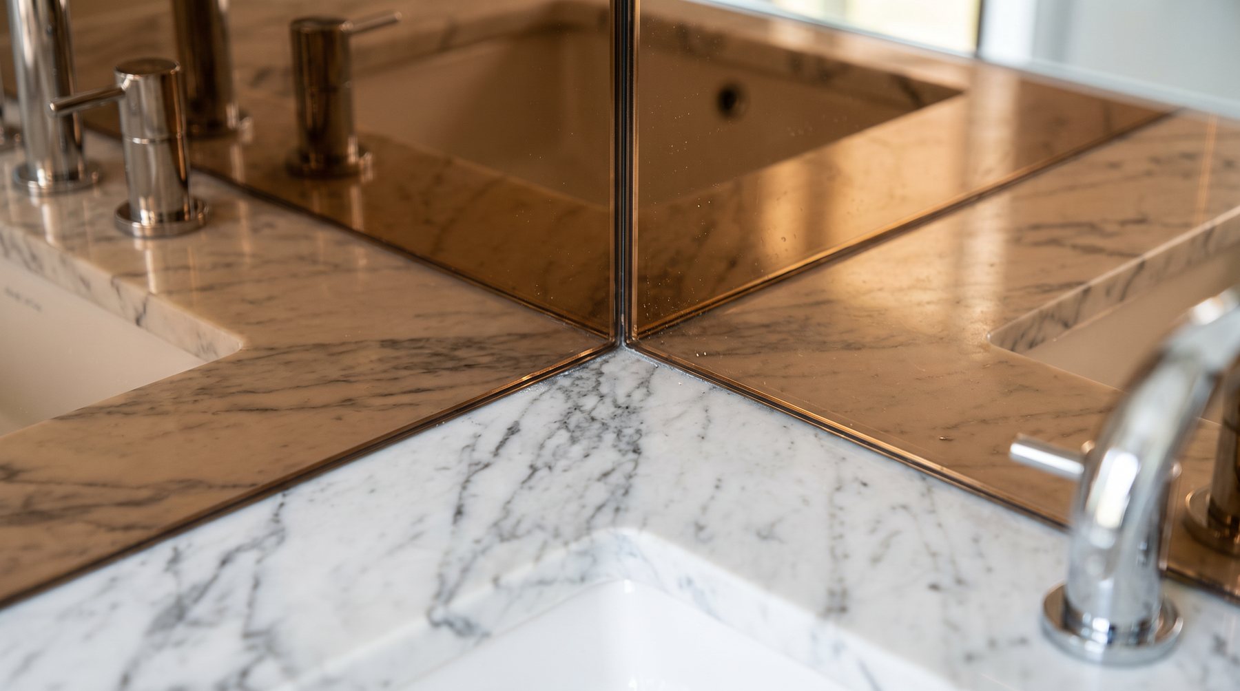 Close-up of polished bronze mirror edges meeting in a corner