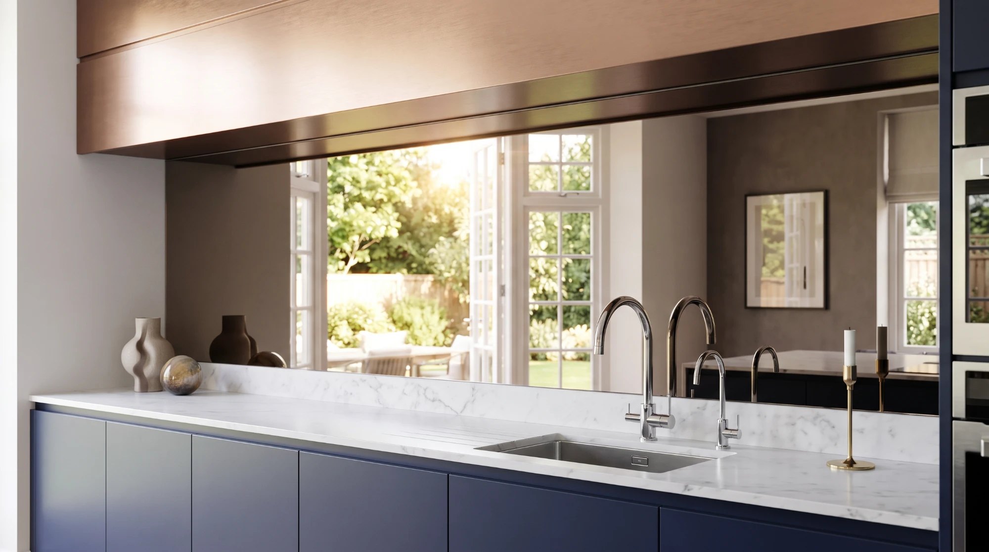Bronze toughened mirror splashback in a kitchen