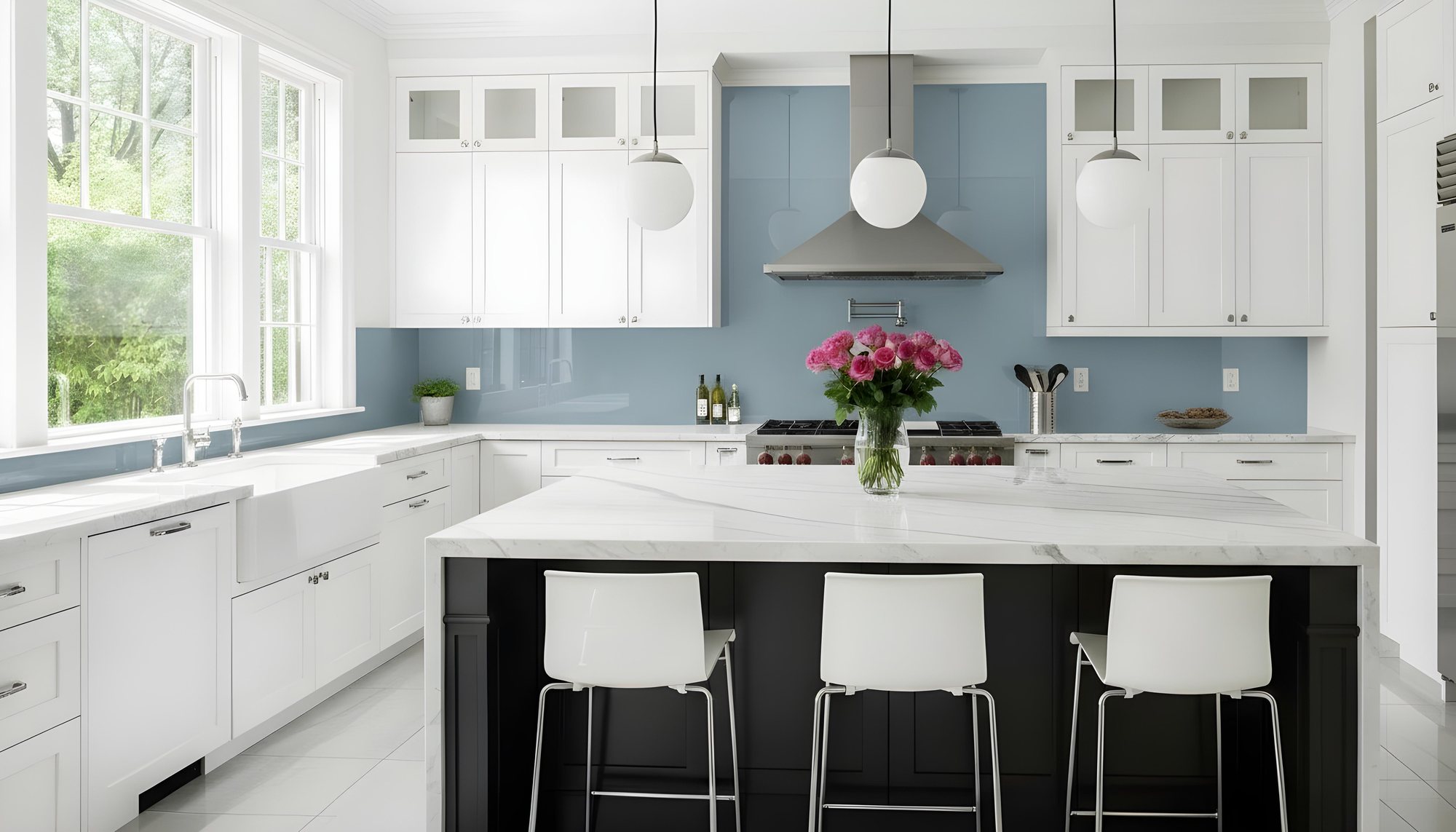 Blue coloured toughened glass splashback in a white kitchen