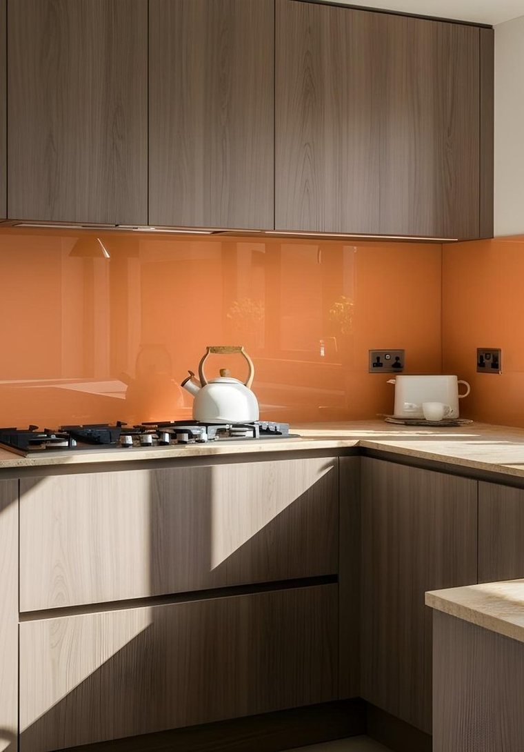 Orange coloured glass splashback in a wood kitchen