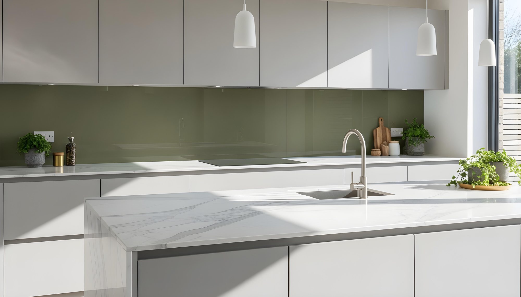 Sage green coloured glass splashback