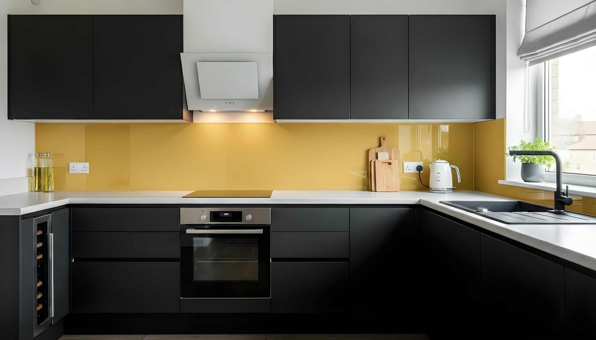 Yellow coloured toughened glass splashback in a black kitchen