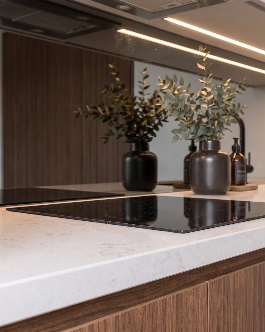 Grey toughened mirror splashback right behind an induction hob