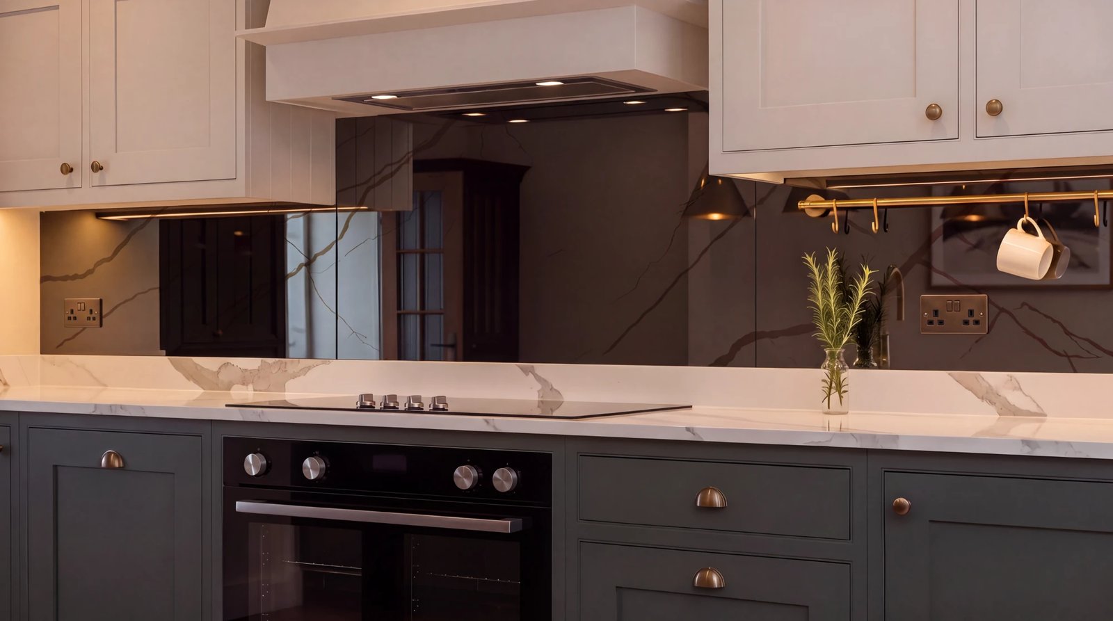 Clean veined mirror splashback in a kitchen