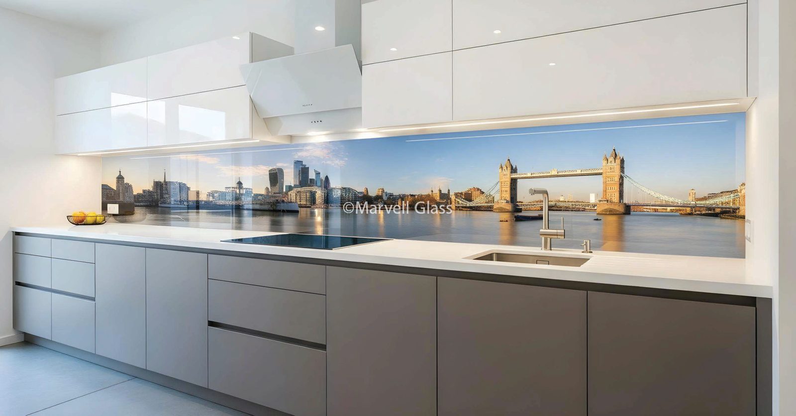 Tower Bridge printed glass splashback in a modern kitchen