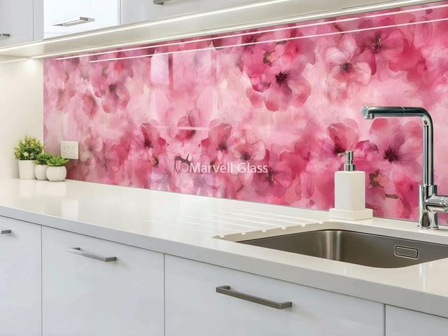Floral printed glass splashback